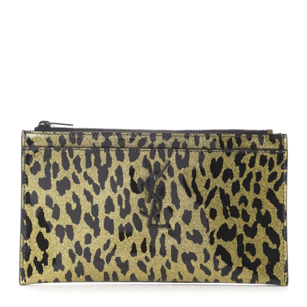 SAINT LAURENT✨ Patent Glitter Leopard Monogram Zip Pouch Gold Black